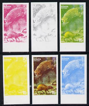 Staffa 1977 Wild Animals 15p (Agouti & Ocelot) set of 6 imperf progressive colour proofs comprising the 4 individual colours plus 2 and all 4-colour composites unmounted ..., stamps on animals    cats