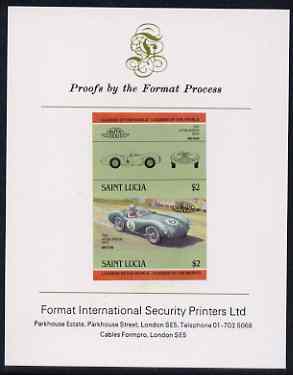 St Lucia 1984 Cars #2 (Leaders of the World) $2 Aston Martin DB3S (1954) imperf se-tenant proof pair mounted on Format International proof card, stamps on , stamps on  stamps on cars, stamps on aston martin