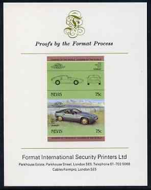 Nevis 1985 75c Porsche (1980) imperf se-tenant proof pair mounted on Format International proof card, stamps on cars, stamps on porsche