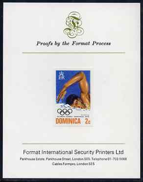 Dominica 1976 Olympic Games 2c (Swimming) imperf proof mounted on Format International proof card (as SG 517), stamps on , stamps on  stamps on sport, stamps on  stamps on olympics, stamps on  stamps on swimming    