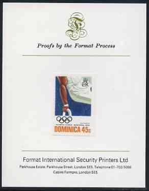 Dominica 1976 Olympic Games 45c (Gymnastics) imperf proof mounted on Format International proof card (as SG 519), stamps on sport, stamps on gymnastics, stamps on olympics, stamps on  gym , stamps on gymnastics, stamps on 