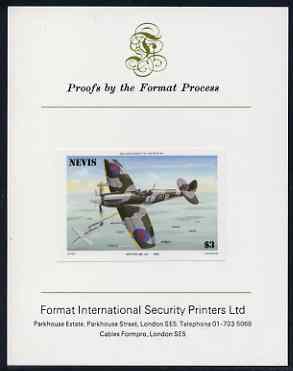 Nevis 1986 Spitfire $3 (Mark XII) imperf proof mounted on Format International proof card (as SG 374) , stamps on , stamps on  stamps on aviation, stamps on  stamps on  ww2 , stamps on  stamps on  raf , stamps on  stamps on 