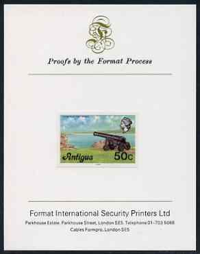 Antigua 1976 Cannon 50c (with imprint) imperf proof mounted on Format International proof card (as SG 481B), stamps on , stamps on  stamps on militaria, stamps on  stamps on cannons