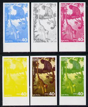 Staffa 1977 Wild Animals 40p (Spider & Woolly Monkeys) set of 6 imperf progressive colour proofs comprising the 4 individual colours plus 2 and all 4-colour composites unmounted mint, stamps on animals, stamps on apes