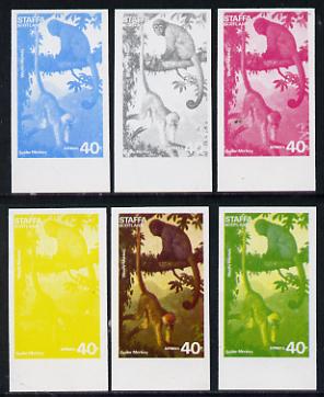 Staffa 1977 Wild Animals 40p (Spider & Woolly Monkeys) set of 6 imperf progressive colour proofs comprising the 4 individual colours plus 2 and all 4-colour composites unmounted mint, stamps on , stamps on  stamps on animals     apes