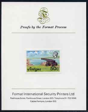 Antigua 1976 Cannon 50c (without imprint) imperf proof mounted on Format International proof card (as SG 481A), stamps on militaria, stamps on cannons