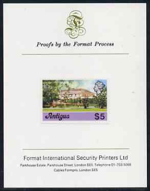 Antigua 1976 Government House $5 (without imprint) imperf proof mounted on Format International proof card (as SG 485A), stamps on , stamps on  stamps on constitutions