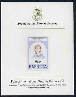 Barbuda 1981 Florence Nightingale 50c imperf proof mounted on Format International proof card (as SG 546), stamps on , stamps on  stamps on medical, stamps on personalities, stamps on nurses, stamps on women