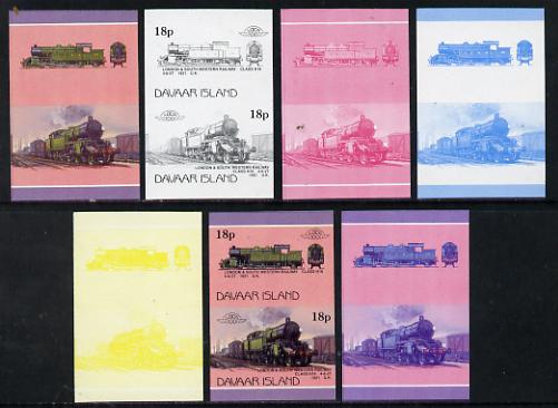 Davaar Island 1983 Locomotives #1 L&SW Class H16 4-6-2T loco 18p set of 7 imperf se-tenant progressive colour proofs comprising the 4 individual colours plus 2, 3 and all..., stamps on railways