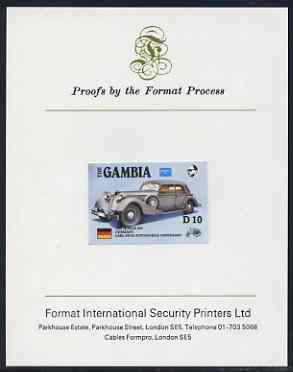 Gambia 1987 Ameripex 10d (1936 Horch 853) imperf proof mounted on Format International proof card, as SG 657, stamps on , stamps on  stamps on cars, stamps on stamp exhibitions