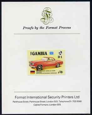 Gambia 1987 Ameripex 1d (1957 Borgward Isabella Coupe) imperf proof mounted on Format International proof card, as SG 652, stamps on , stamps on  stamps on cars, stamps on stamp exhibitions