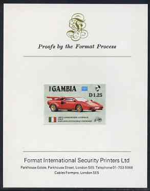 Gambia 1987 Ameripex 1d25 (1985 Lamborghini) imperf proof mounted on Format International proof card, as SG 653, stamps on , stamps on  stamps on cars, stamps on stamp exhibitions, stamps on lamborghini