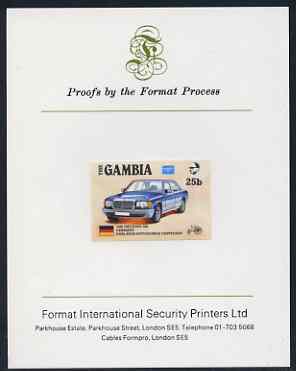 Gambia 1987 Ameripex 25b (Mercedes 500) imperf proof mounted on Format International proof card as SG 650, stamps on , stamps on  stamps on cars, stamps on stamp exhibitions, stamps on mercedes