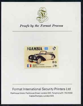 Gambia 1987 Ameripex 5d (1936 Bugatti) imperf proof mounted on Format International proof card, as SG 656, stamps on , stamps on  stamps on cars, stamps on stamp exhibitions, stamps on bugatti