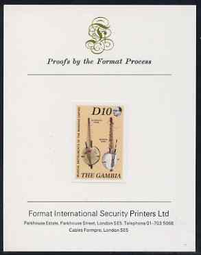 Gambia 1987 Musical Instruments 10d (Koras) imperf proof mounted on Format International proof card as SG 689, stamps on music, stamps on musical instruments