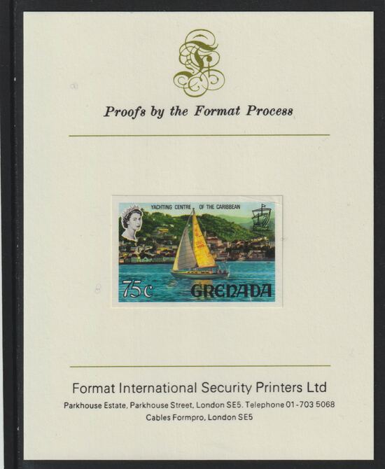 Grenada 1968-71 Yachting 75c imperf proof mounted on Format International proof card (as SG 317a), stamps on , stamps on  stamps on ships, stamps on  stamps on sport, stamps on  stamps on yachting, stamps on  stamps on sailing