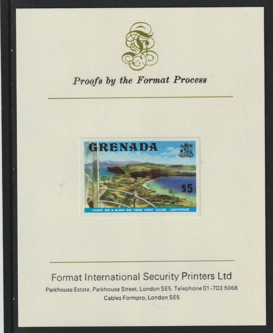 Grenada 1975 Canoe Bay $5 (View from Lighthouse) imperf proof mounted on Format International proof card (as SG 667), stamps on tourism, stamps on lighthouses