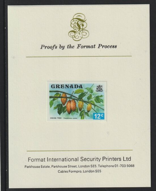 Grenada 1975 Cocoa Tree 12c imperf proof mounted on Format International proof card (as SG 657), stamps on drink, stamps on trees, stamps on food