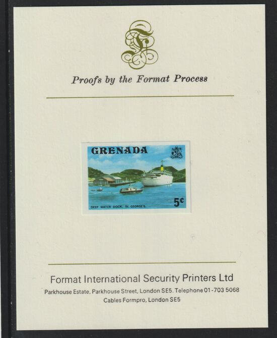 Grenada 1975 Deep Water Dock 5c imperf proof mounted on Format International proof card (as SG 653), stamps on , stamps on  stamps on ships, stamps on ports