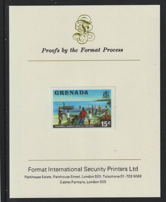 Grenada 1975 Fishermen 15c imperf proof mounted on Format International proof card (as SG 658), stamps on , stamps on  stamps on fish, stamps on fishing, stamps on marine life