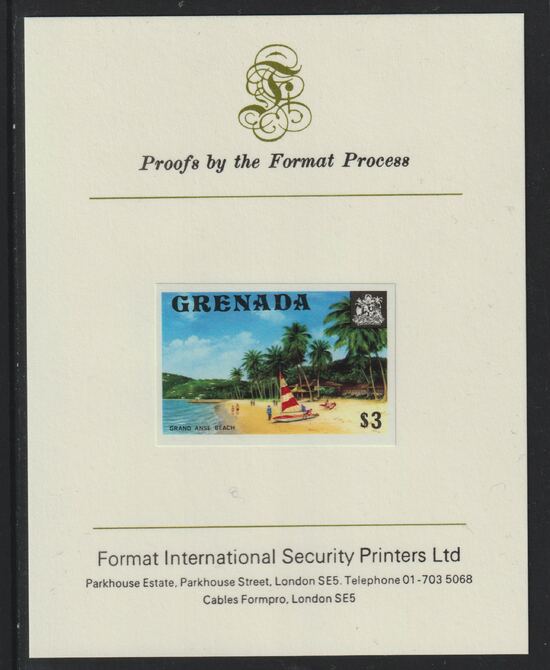 Grenada 1975 Grand Anse Beach $3 imperf proof mounted on Format International proof card (as SG 666), stamps on tourism