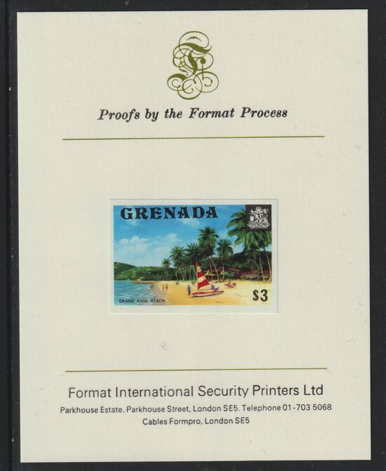 Grenada 1975 Grand Anse Beach $3 imperf proof mounted on Format International proof card (as SG 666), stamps on , stamps on  stamps on tourism