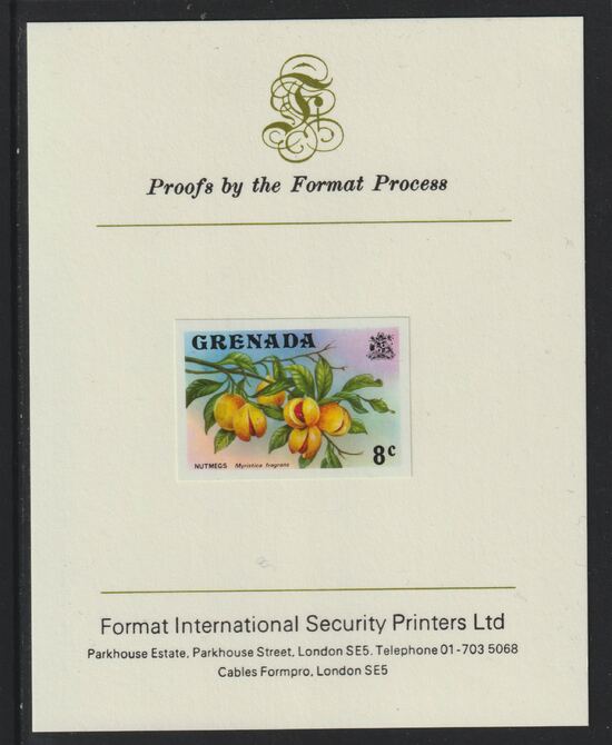 Grenada 1975 Nutmegs 8c imperf proof mounted on Format International proof card (as SG 655), stamps on food, stamps on herbs, stamps on spices