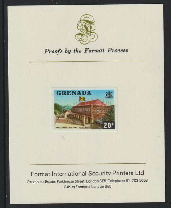 Grenada 1975 Parliament Building 20c imperf proof mounted on Format International proof card (as SG 659), stamps on , stamps on  stamps on constitutions, stamps on parliament