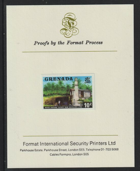 Grenada 1975 Rum Distillery 10c imperf proof mounted on Format International proof card (as SG 656), stamps on , stamps on  stamps on business, stamps on food, stamps on drink, stamps on alcohol