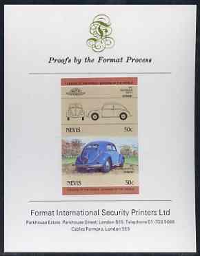 Nevis 1984 50c VW Beetle imperf se-tenant proof pair mounted on Format International proof card (as SG 207a), stamps on cars, stamps on  vw , stamps on 