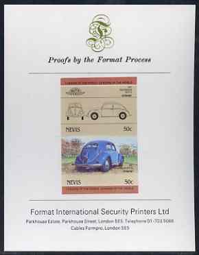 Nevis 1984 50c VW Beetle imperf se-tenant proof pair mounted on Format International proof card (as SG 207a), stamps on , stamps on  stamps on cars, stamps on  stamps on  vw , stamps on  stamps on 