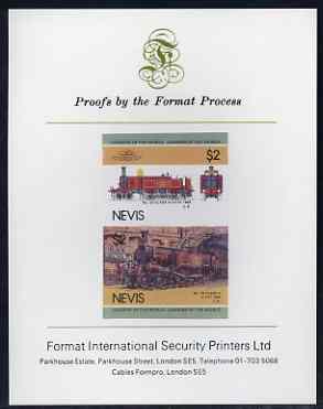 Nevis 1985 Locomotives #3 (Leaders of the World) $2 Class A '4-4-0T',imperf se-tenant proof pair mounted on Format International proof card (SG 283a), stamps on railways