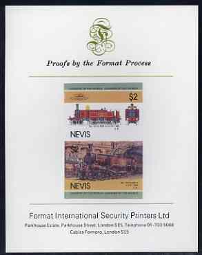 Nevis 1985 Locomotives #3 (Leaders of the World) $2 Class A 4-4-0T  imperf se-tenant proof pair mounted on Format International proof card (SG 283a), stamps on railways