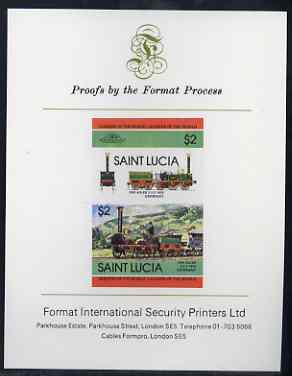 St Lucia 1984 Locomotives #2 (Leaders of the World) $2 Der Adler 2-2-2  imperf se-tenant proof pair mounted on Format International proof card, stamps on railways