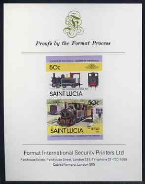 St Lucia 1984 Locomotives #2 (Leaders of the World) 50c 'Countess 0-6-0',imperf se-tenant proof pair mounted on Format International proof card, stamps on railways