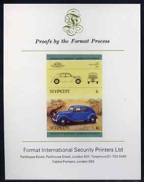 St Vincent 1985 Cars #3 (Leaders of the World) 1c Lancia Aprilia (1937) imperf se-tenant proof pair mounted on Format International proof card, stamps on , stamps on  stamps on cars, stamps on lancia