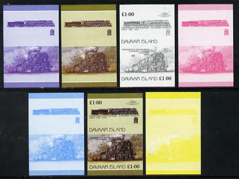 Davaar Island 1983 Locomotives #1 Chesapeake & Ohio Class H8 2-6-6-6 loco £1 set of 7 imperf se-tenant progressive colour proofs comprising the 4 individual colours plus 2, 3 and all 4-colour composites unmounted mint, stamps on railways