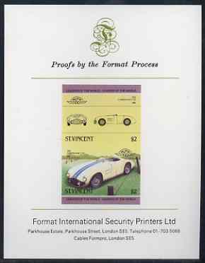 St Vincent 1985 Cars #3 (Leaders of the World) $2 Cunningham C-5R (1953) imperf se-tenant proof pair mounted on Format International proof card, stamps on , stamps on  stamps on cars