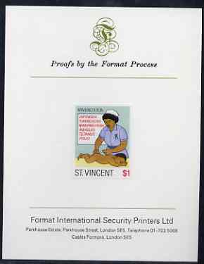 St Vincent 1987 Child Health $1 (as SG 1052) imperf proof mounted on Format International proof card, stamps on , stamps on  stamps on children, stamps on medical, stamps on nurses, stamps on clocks