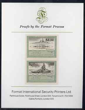 St Vincent - Bequia 1985 Warships of World War 2, $1.50 USS Nevada imperf se-tenant proof pair mounted on Format International proof card, stamps on ships, stamps on  ww2  , stamps on 