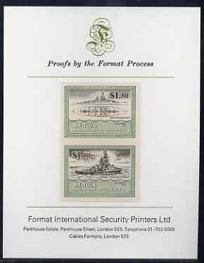 St Vincent - Bequia 1985 Warships of World War 2, $1.50 USS Nevada imperf se-tenant proof pair mounted on Format International proof card, stamps on ships, stamps on  ww2, stamps on , stamps on 