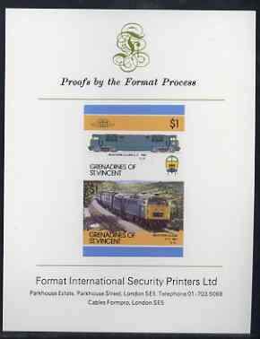 St Vincent - Grenadines 1986 Locomotives #6 (Leaders of the World) $1 (Western Diesel) imperf se-tenant proof pair mounted on Format International proof card, stamps on railways
