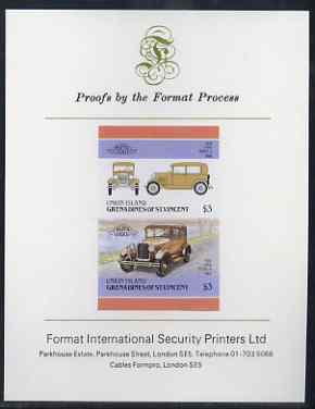 St Vincent - Union Island 1986 $3 Ford Model A imperf se-tenant proof pair mounted on Format International proof card, stamps on cars, stamps on ford