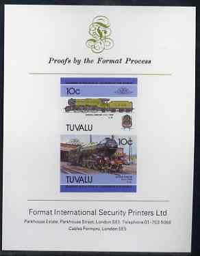 Tuvalu 1985 Locomotives #5 (Leaders of the World) 10c 'Green Arrow 2-6-2' imperf se-tenant proof pair mounted on Format International proof card (as SG 348a), stamps on railways