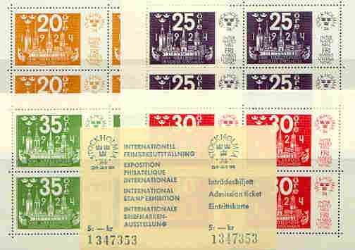 Sweden 1974 'Stockholmia 74' Stamp Exhibition set of 4 m/sheets (SG MS 783) plus admission ticket in special folder, stamps on stamp exhibitions