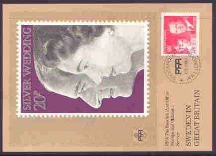 Booklet - Sweden 1980 Succession to the Throne set (plus booklet pair) on 'Sweden in Great Britain' card showing Great Britain 1973 Silver Wedding 3p stamp, stamps cancelled with Stockholm/London cds