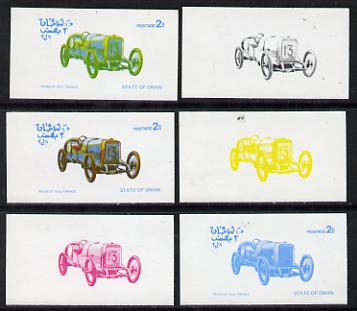 Oman 1976 Vintage Cars #1 2b (Peugeot 1912) set of 6 imperf progressive colour proofs comprising the 4 individual colours plus 2 and all 4-colour composites unmounted mint, stamps on , stamps on  stamps on cars, stamps on peugeot