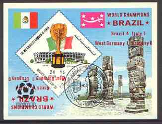 Yemen - Royalist 1970 World Cup Football 24b value (diamond shaped) imperf m/sheet cto used opt'd 'Brazil World Champions' in red with opt doubled (one inverted), stamps on football, stamps on sport
