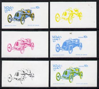 Oman 1976 Vintage Cars #1 10b (Schneider 1913) set of 6 imperf progressive colour proofs comprising the 4 individual colours plus 2 and all 4-colour composites unmounted mint, stamps on cars