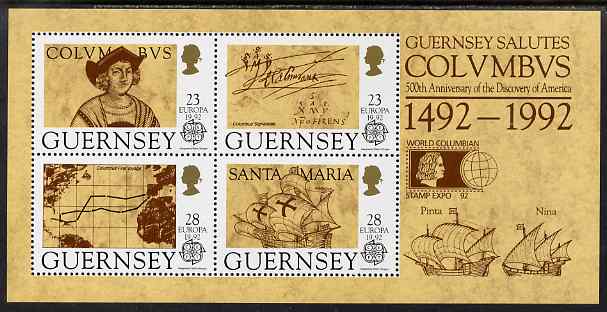 Guernsey 1992 Europa - Columbus perf m/sheet optd for World Columbian Stamp Expo 92 unmounted mint, SG MS 560, stamps on columbus, stamps on explorers, stamps on ships, stamps on maps, stamps on autograph, stamps on europa, stamps on stamp exhibitions